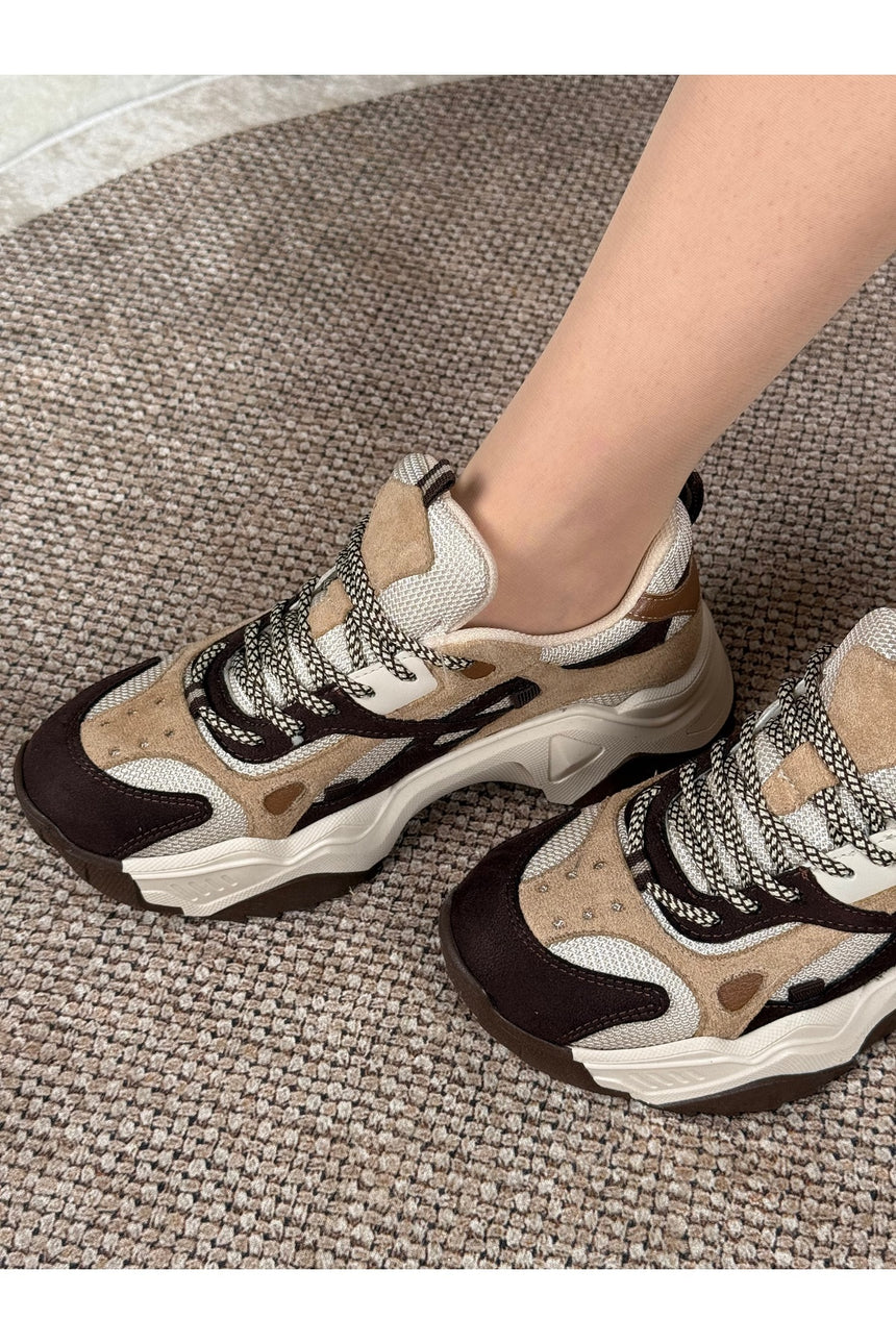 Noctra Kadın Süet Koyu Kahve Bej Bağcıklı Yüksek Tabanlı Sneakers - Koyu Kahverengi/ Bej