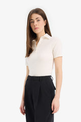 DeFacto C6249AX Kadın Polo Yaka T-Shirt - Kırık Beyaz