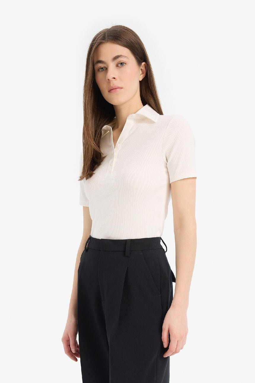 DeFacto C6249AX Kadın Polo Yaka T-Shirt - Kırık Beyaz