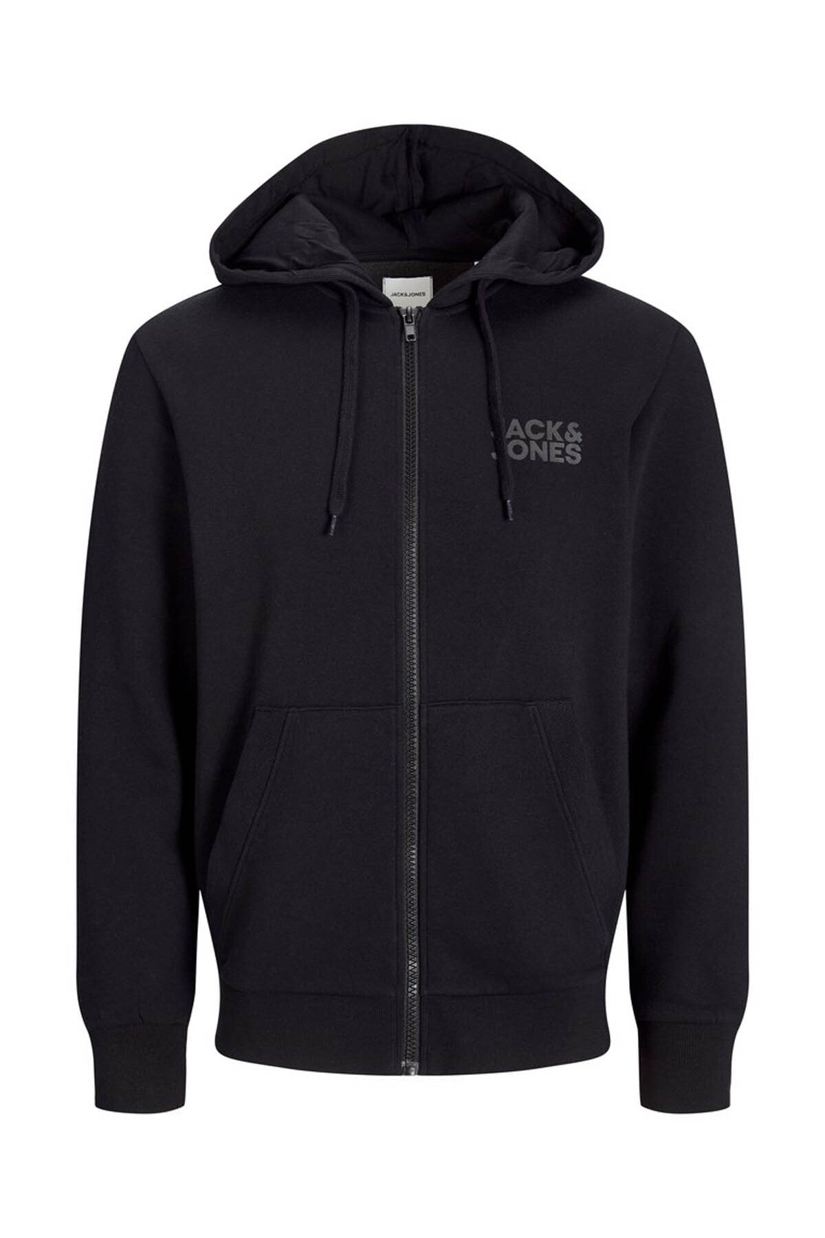 Jack & Jones Corp Logo Erkek Kapüşonlu Fermuarlı Sweatshirt 12265177 - Siyah