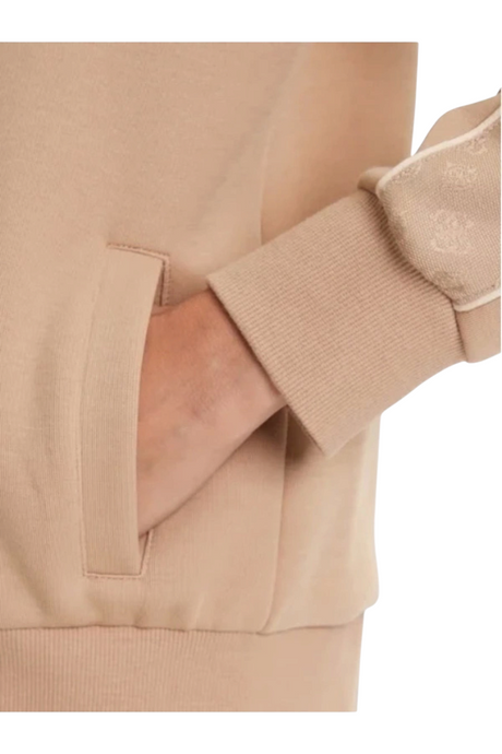 Sporline Guess Maryella kadın sweatshirt, bej renkli pamuklu kumaş, yan cep detayı ve ribana manşet görünümü
