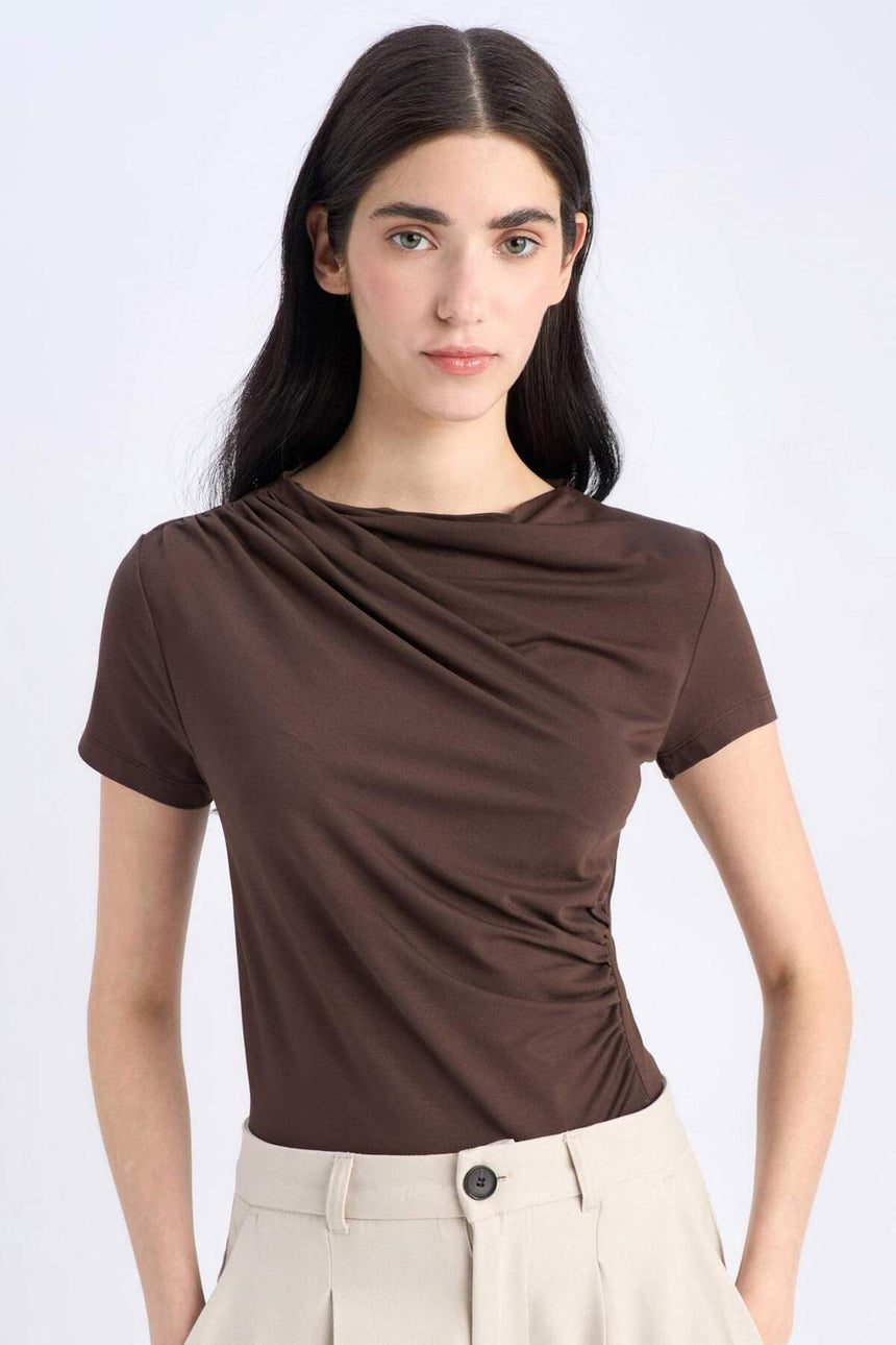 DeFacto E7016AX Kadın T-Shirt - Kahverengi