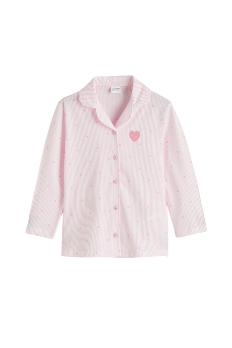 Sporline LC Waikiki pembe renkli, kalp desenli ve gömlek yakalı kız çocuk pijama üstü