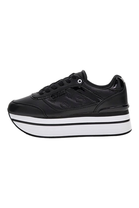 Sporline Guess siyah suni deri kadın sneaker, yüksek platform tabanlı ve kabartma logolu günlük spor ayakkabı.