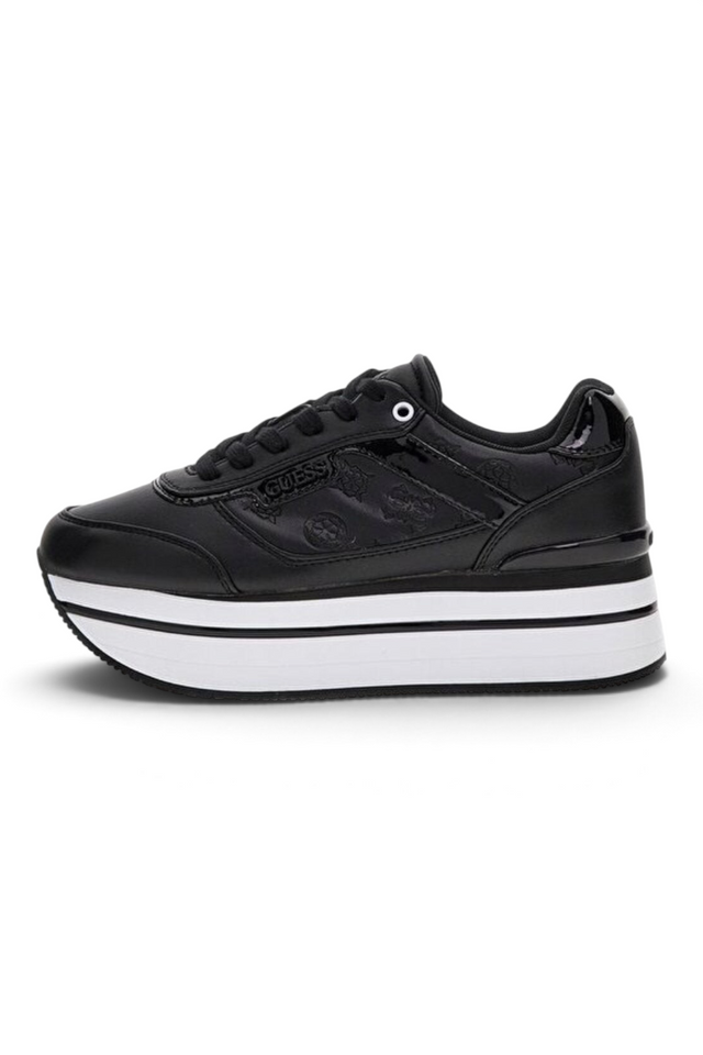 Sporline Guess siyah suni deri kadın sneaker, yüksek platform tabanlı ve kabartma logolu günlük spor ayakkabı.