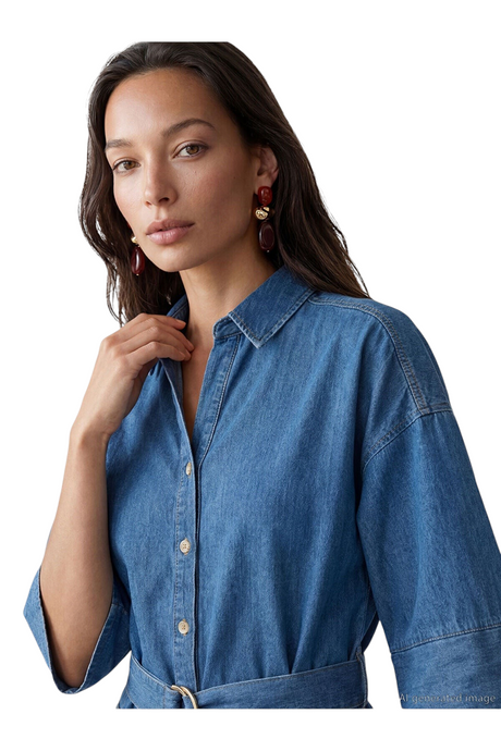 Sporline LC Waikiki indigo mavi renkli, %100 pamuklu, gömlek yakalı ve truvakar kollu mini jean elbise