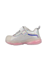 Sporline Vicco beyaz tekstil çocuk sneaker, yan görünüm, parlak detaylı ve pembe tabanlı spor ayakkabı
