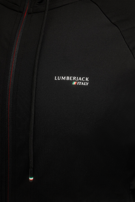 Sporline Lumberjack siyah erkek eşofman üstü, göğüs kısmında İtalyan bayrağı detaylı logo ve kapüşon ipleri