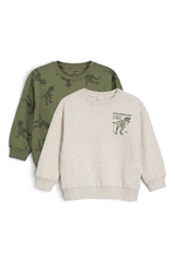 Sporline LC Waikiki çocuk oversize sweatshirt seti, koyu yeşil dinozor desenli ve bej renkli dinozor baskılı model.