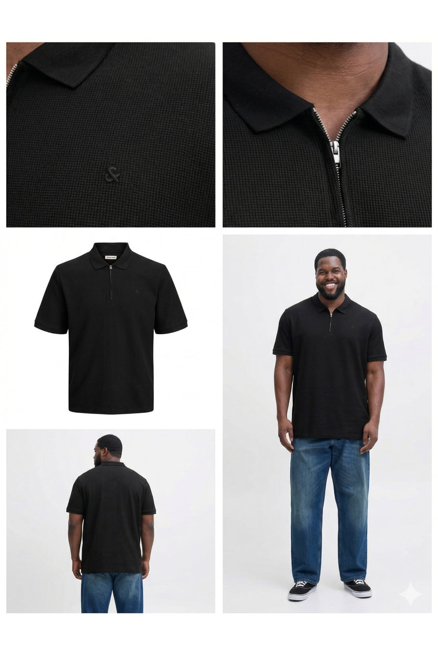 JACK&JONES JJEAUSTIN ZIP POLO SS NOOS PLS 12284618 - Siyah