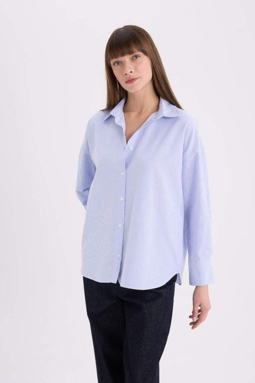 Defacto Kadın Long Sleeve Shirt D4512Ax - Mavi