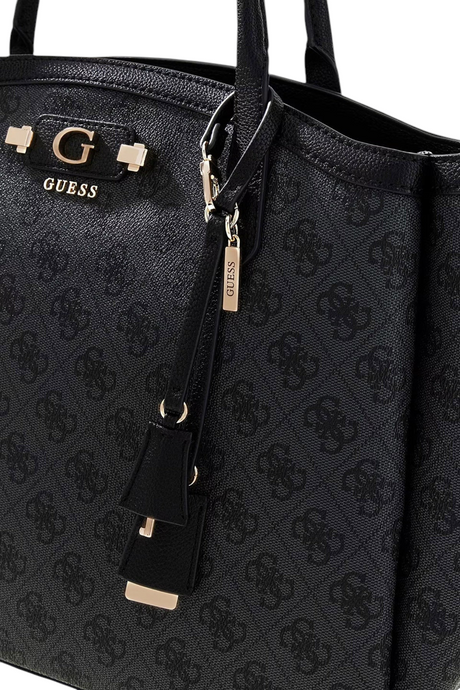 Sporline Guess Lindsey siyah monogram desenli poliüretan kadın tote çanta, altın renkli metal logo detaylı