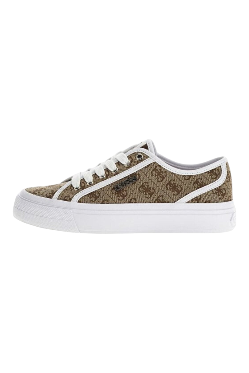 Sporline Guess kadın sneaker, bej ve kahverengi logolu polyester kumaş, beyaz tabanlı günlük spor ayakkabı.