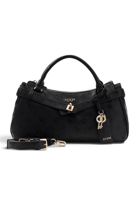 Sporline Guess Ella Logo siyah kadın el çantası, altın rengi anahtar detaylı ve şık satchel tasarım