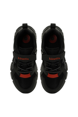Sporline Kinetix 5P Renium siyah suni deri kadın sneaker, üstten görünüm, kırmızı detaylı cırt cırtlı tasarım