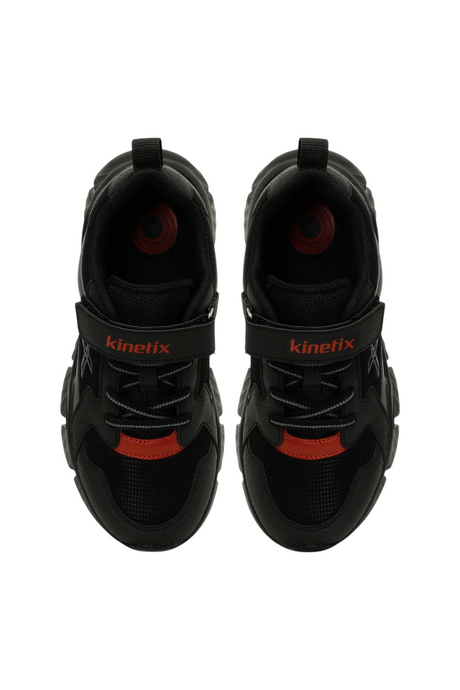 Sporline Kinetix 5P Renium siyah suni deri kadın sneaker, üstten görünüm, kırmızı detaylı cırt cırtlı tasarım