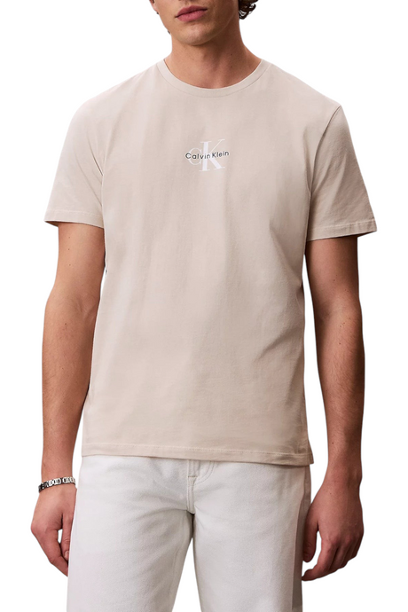 Sporline Calvin Klein regular kesim, %100 pamuklu, göğüs kısmında logolu bej erkek tişört