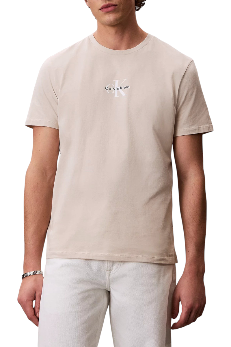 Sporline Calvin Klein regular kesim, %100 pamuklu, göğüs kısmında logolu bej erkek tişört