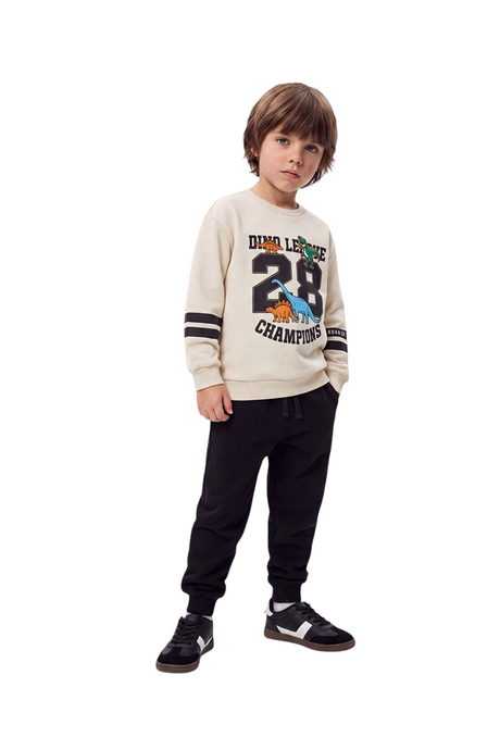 Sporline LC Waikiki erkek çocuk dinozor baskılı açık bej sweatshirt ve siyah eşofman altı takımı
