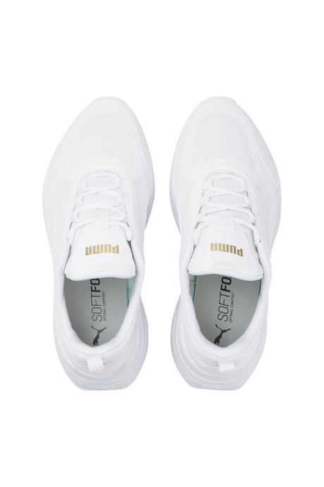 Sporline Puma Cassia beyaz kadın spor ayakkabı, file ve deri detaylı, SoftFoam+ iç tabanlı, üstten görünüm.