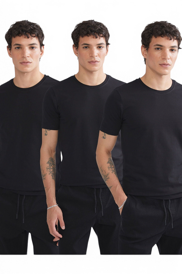 Sporline erkek siyah kısa kollu pamuklu slim fit t-shirt giyen dövmeli model