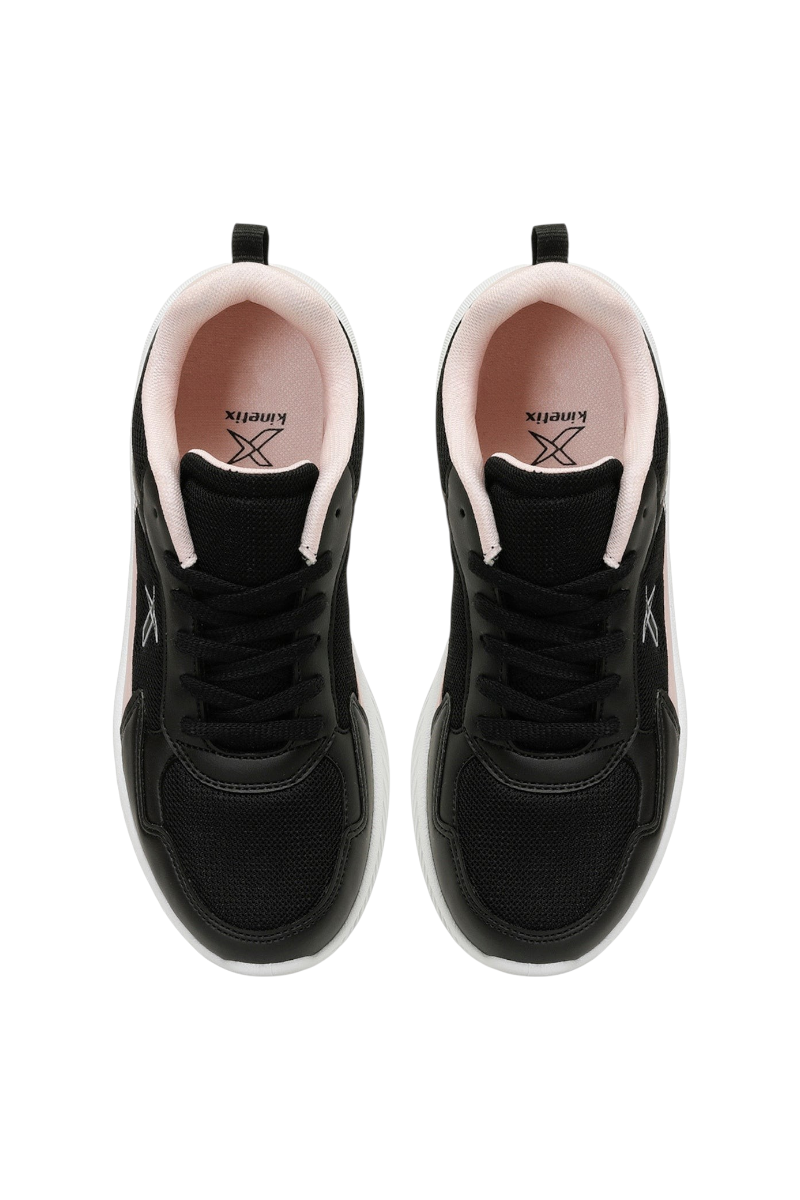 Sporline Kinetix 5P Grand siyah tekstil çocuk sneaker, üstten görünüm, pembe iç astar detaylı