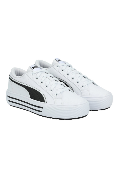 Sporline Puma Kaia 2.0 beyaz deri platform spor ayakkabı, yanlarda siyah ikonik Formstrip detayı ile.