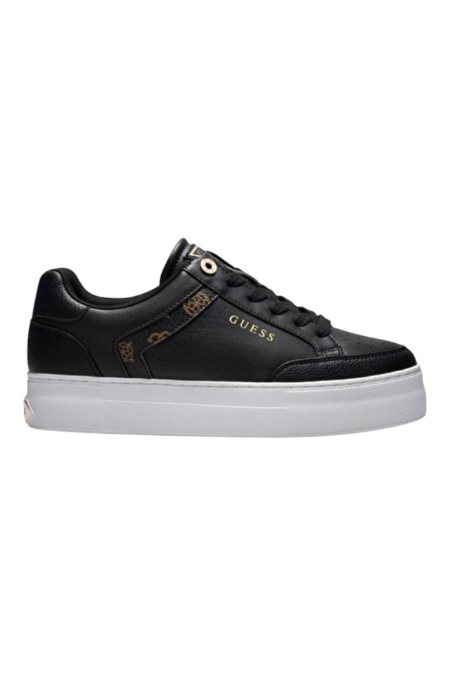 Sporline Guess siyah poliüretan kadın sneaker, yan kısmında logo detaylı ve beyaz kalın tabanlı şık tasarım.