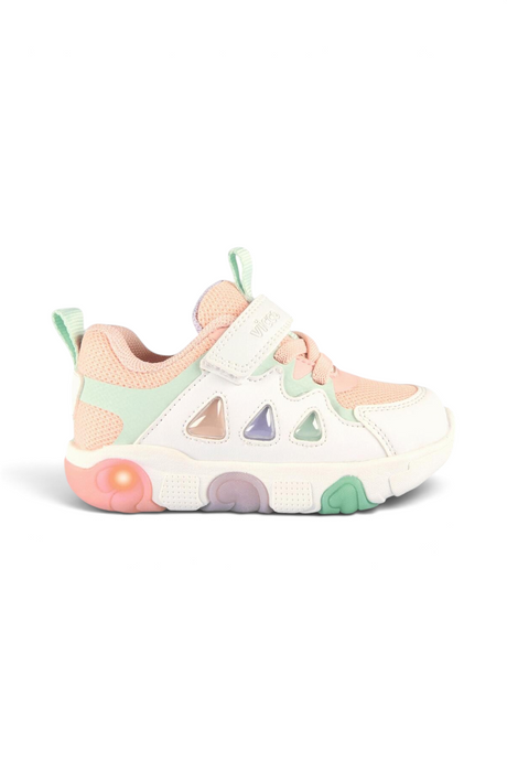 Sporline Vicco pudra pembe ve beyaz renkli, ışıklı tabanlı, PU malzemeden üretilmiş cırt cırtlı kadın sneaker