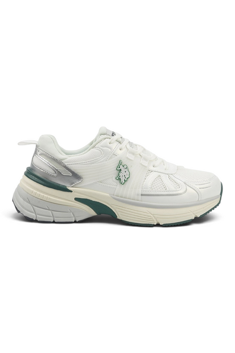 Sporline U.S. Polo Assn. beyaz kadın sneaker, mesh ve PU detaylı, yeşil logo işlemeli spor ayakkabı