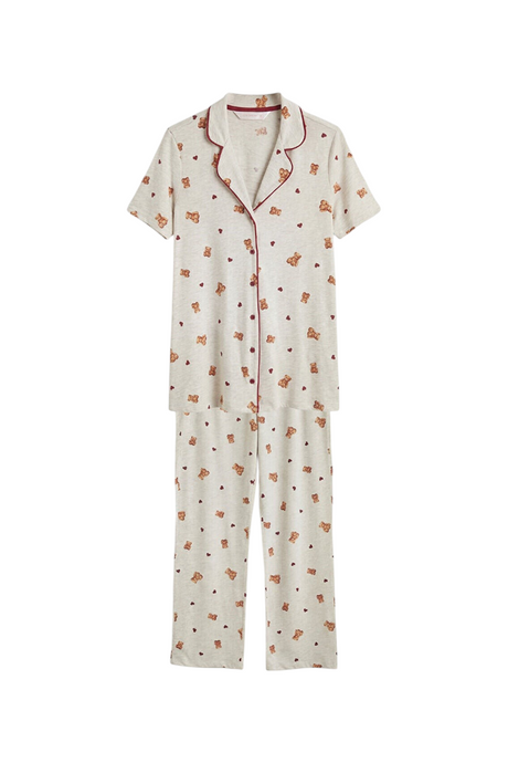 Sporline LC Waikiki açık bej renkli, ayıcık desenli, kısa kollu düğmeli hamile pijama takımı