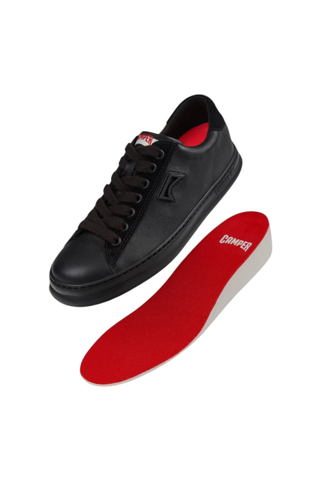 Sporline Camper Runner Four siyah deri kadın sneaker ve kırmızı iç taban detayı