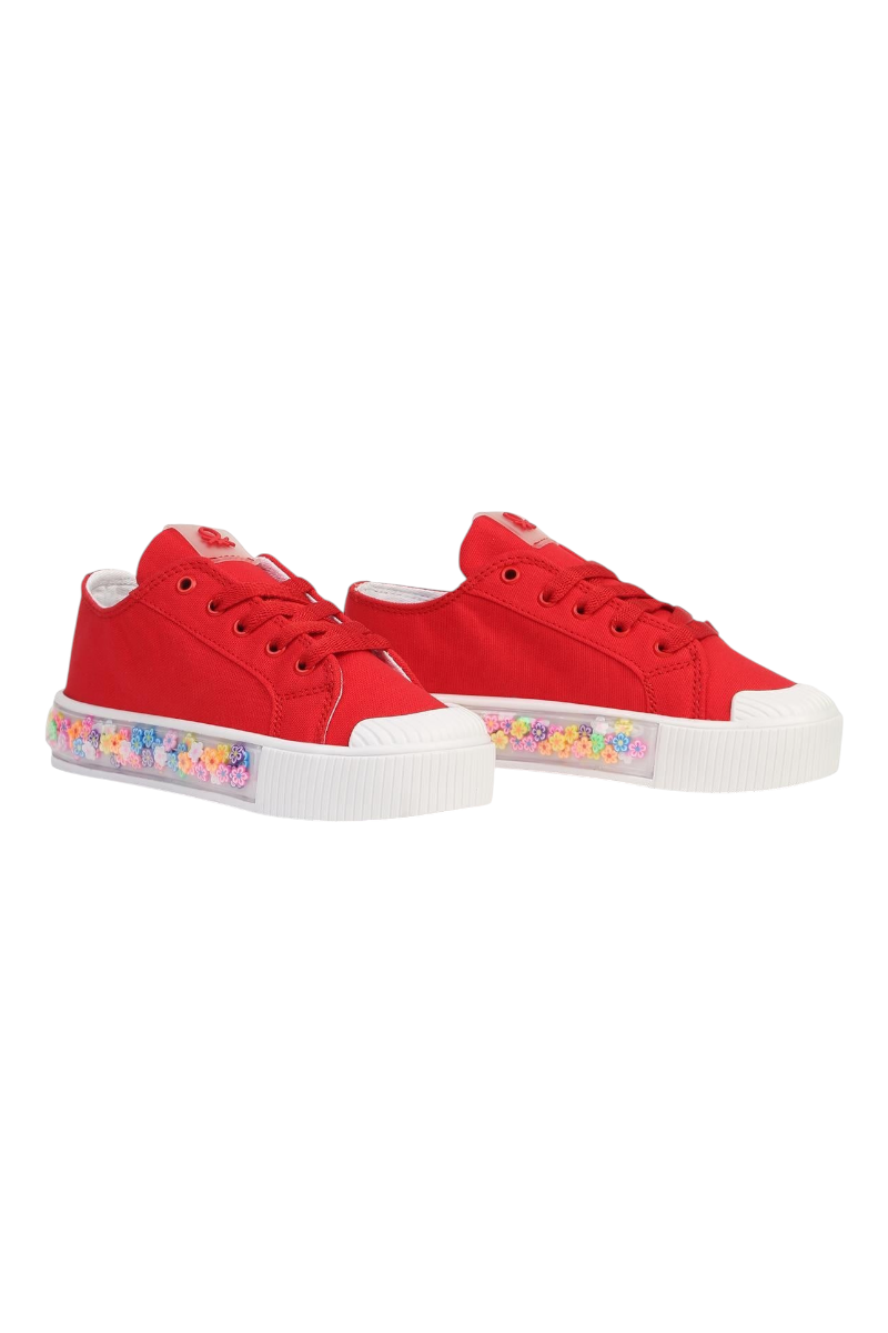 Sporline Benetton kırmızı tekstil çocuk sneaker, tabanında renkli çiçek detayları bulunan bağcıklı spor ayakkabı.