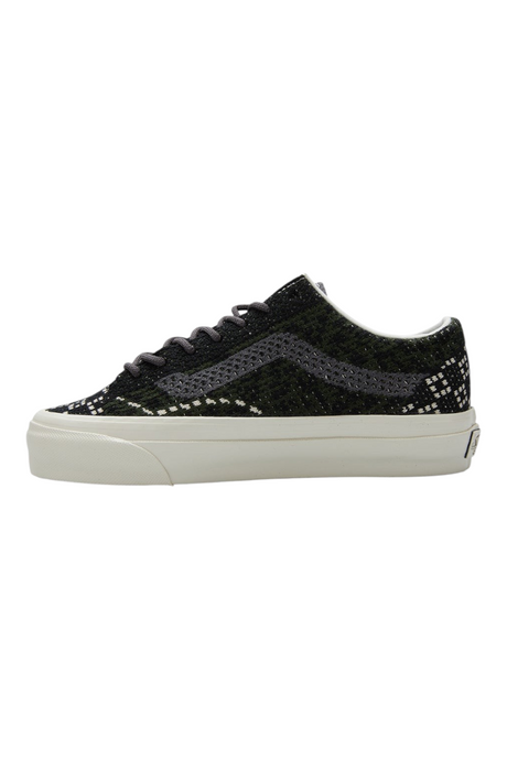 Sporline Vans LX Old Skool unisex tekstil sneaker, siyah, yeşil ve gri desenli, beyaz tabanlı yan profil görünümü