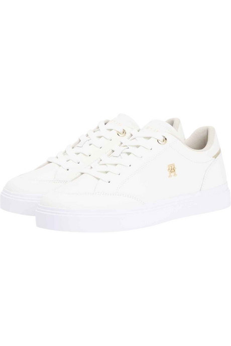 Sporline Tommy Hilfiger beyaz deri kadın sneaker, yan tarafta altın renkli logo detayı ile şık günlük ayakkabı