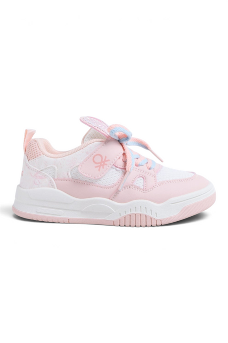 Sporline Benetton pudra pembe renkli, %100 deri malzemeden üretilmiş bağcıklı çocuk sneaker ayakkabısı