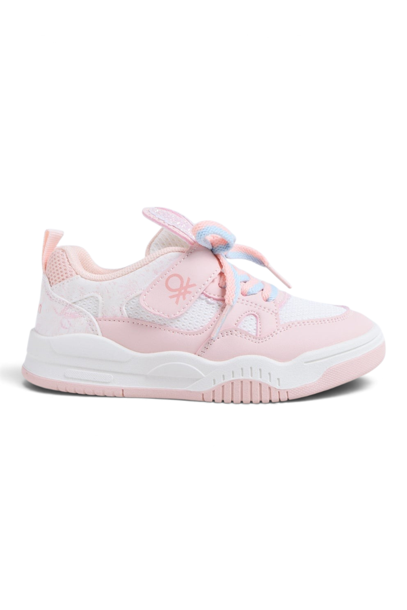 Sporline Benetton pudra pembe renkli, %100 deri malzemeden üretilmiş bağcıklı çocuk sneaker ayakkabısı