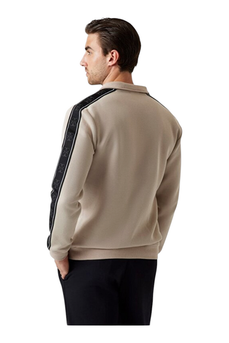 Sporline Guess Mickey bej renkli, kolları şerit detaylı, dik yakalı erkek fermuarlı pamuklu sweatshirt