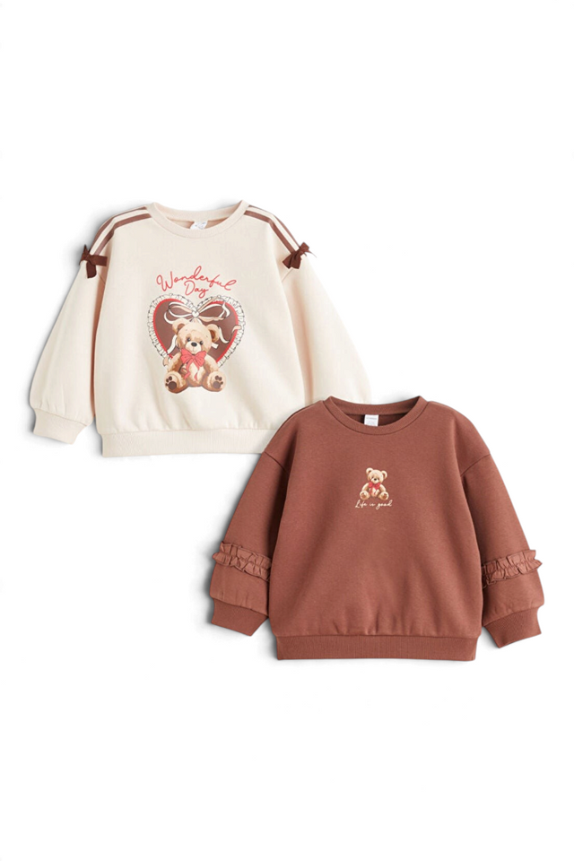Sporline LC Waikiki çocuk sweatshirt ikili set, soluk pembe ve kahverengi renklerde, ayıcık baskılı pamuklu tasarım.