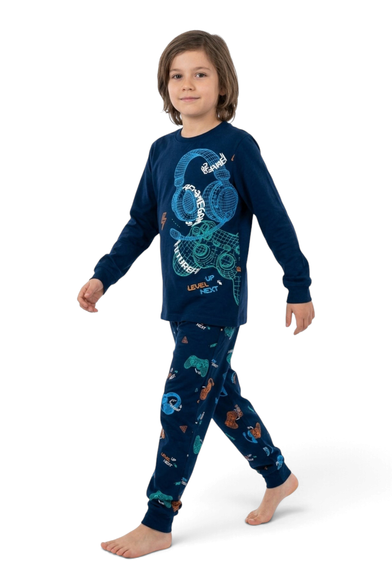 Sporline LC Waikiki koyu lacivert pamuklu erkek çocuk pijama takımı, oyun konsolu ve kulaklık baskılı