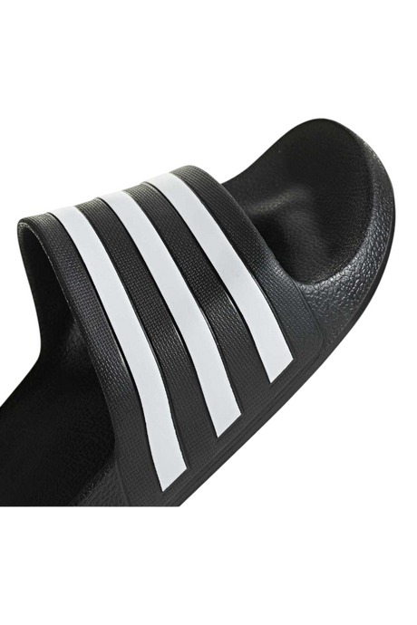 Sporline adidas Adilette Aqua siyah suni deri unisex terlik, beyaz üç bant detaylı tasarım