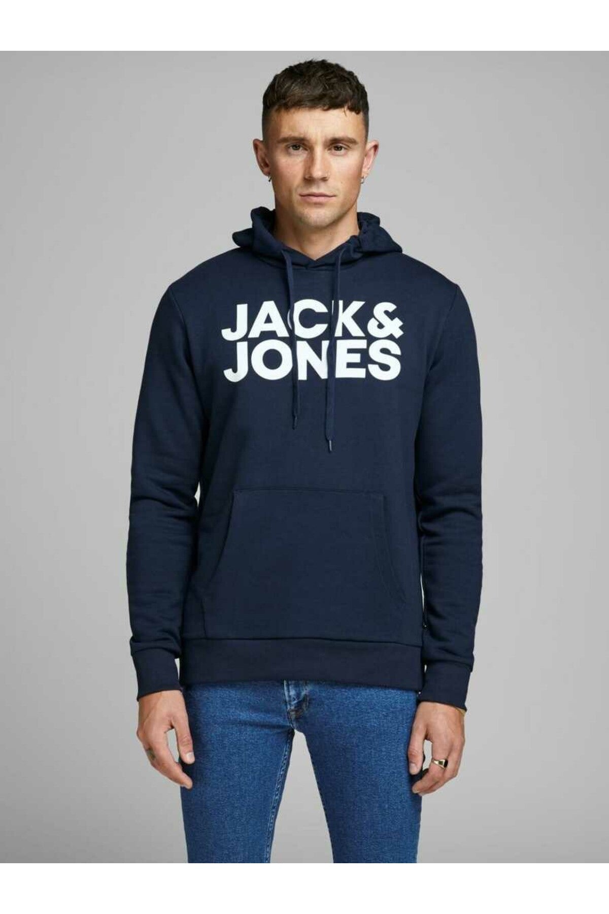 Jack & Jones Corp Logo Erkek Kapüşonlu Sweatshirt 12152840 - Koyu Lacivert