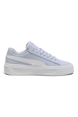 Sporline Puma Smash Platform v3 lila renkli, beyaz tabanlı ve yan kısımlarında ikonik Puma çizgisi bulunan spor ayakkabı
