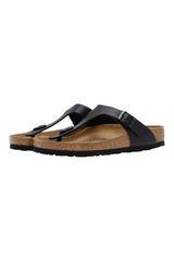 Sporline Birkenstock Gizeh siyah süet kadın parmak arası terlik, mantar tabanlı ve ayarlanabilir tokalı tasarım.