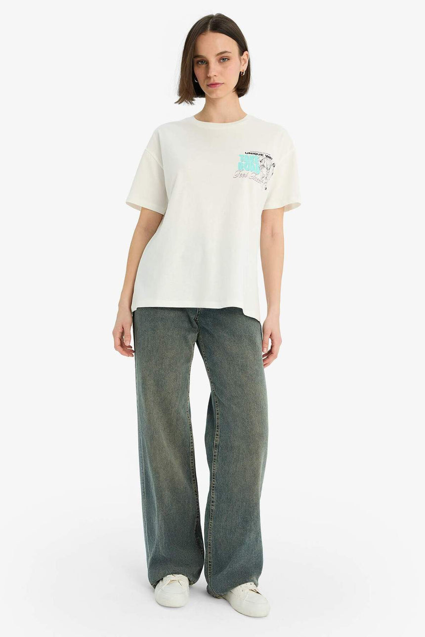 Defacto Kadın Short Sleeve T-Shirt F2241Ax - Kırık Beyaz