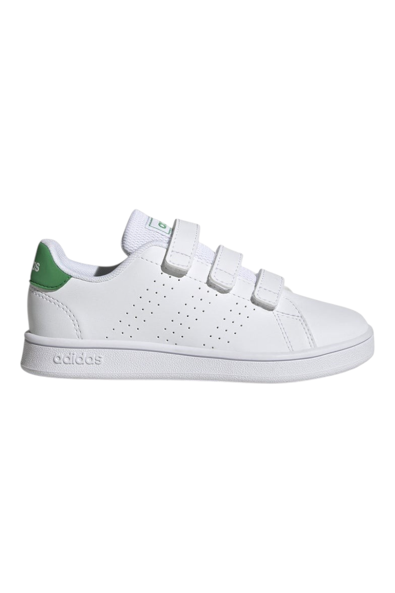 Sporline adidas Advantage Base beyaz suni deri çocuk sneaker, cırt cırtlı bantlı ve yeşil topuk detaylı tasarım