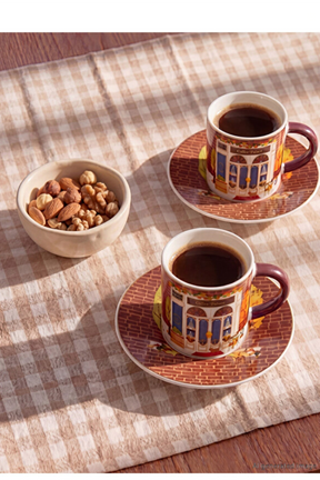 Sporline LC Waikiki Home baskılı 90 ml porselen 2 kişilik kahve fincanı takımı ve yanında kuruyemiş kasesi