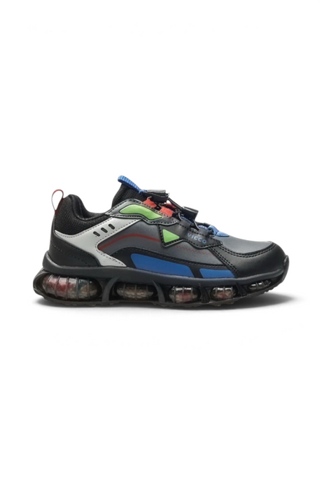 Sporline Vicco siyah suni deri çocuk sneaker, renkli detaylara ve kalın tabanlı modern tasarıma sahip
