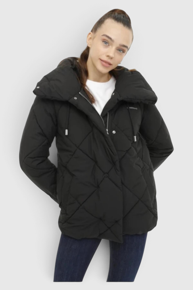 Sporline Lumberjack siyah kadın mont, %100 polyester, kapitone detaylı, geniş yakalı ve regular kesim kışlık ceket.