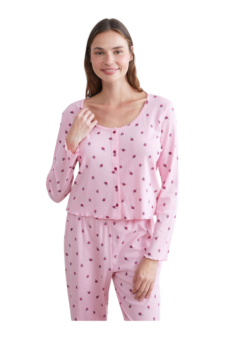 Sporline LC Waikiki açık pembe renkli, çiçek desenli, düğmeli ve %100 pamuklu kadın pijama takımı